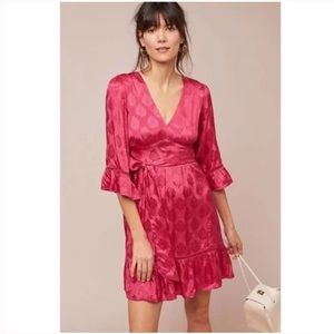 Anthropologie Maeve Christine Belted Ruffle Bell Sleeve Jacquard Mini Dress Pink